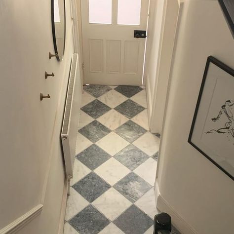 Pretty Victorian Terrace on Instagram: "Hallway Progress 🕊  - tiles @mandarinstoneofficial di scacchi tumbled marble - paint @paintandpaperlibrary minim - art @neptunehomeofficial sketch dancer  - coat pegs @corstonarchitecturaldetail hyde hook - mirror @ikeauk lindbyn   We’re either going to fully carpet the stairs, or sand the edges and add a stair runner… what do you think? 💭   #prettyvictorianterrace #victorianhouse #victorianhome #victorianterrace #victorianrenovation #bristolrenovation #renovationuk #hallwayrenovation #bristolhome" Victorian Terrace Hallway, Terrace Hallway, Tiles Hallway, Victorian Entry, Victorian Hallway Tiles, Hallway Tiles, Bathroom Dream, Basement Hallway, Hallway Tiles Floor