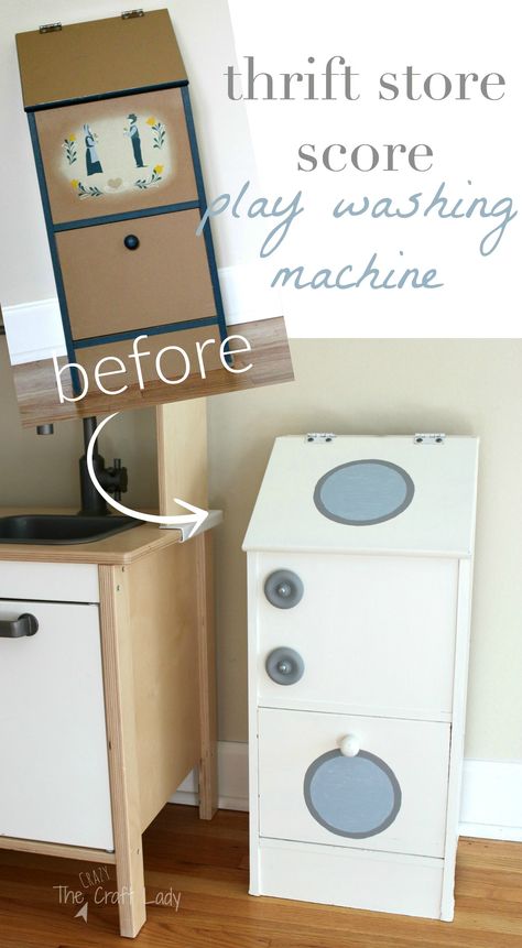 A Thrift Store Play Washing Machine - $7 makeover. Playset Landscaping, Kids Furniture Makeover, Thrift Store Diy Projects, Kids Toy Organization, Thrift Store Diy, Pinterest Diy, Thrift Store Furniture, Home Daycare, Thrift Store Crafts