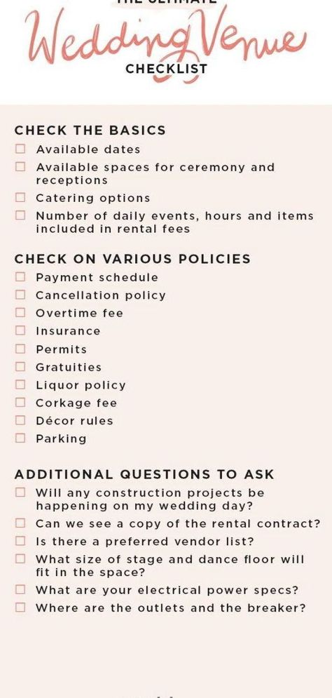 Venue Checklist Wedding, Wedding Reception Essentials List, Wedding Venue Checklist Printable, Wedding Venue Budget, Wedding Reception Checklist Detailed, What To Ask Wedding Venues, What Do You Need For A Wedding, Wedding Venue Comparison Spreadsheet, Wedding Venue Must Haves