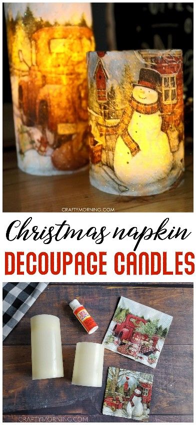 DIY christmas napkin Decoupage candles. Fun christmas craft to make home decor for cheap. Fun vintage red truck napkins make for beautiful christmas DIY project. How to decoupage candles with mod podge. Christmas Napkin Decoupage, Diy Christmas Napkins, Decoupage Candles, Diy Natal, Vintage Christmas Crafts, Christmas Napkin, Christmas Crafts To Sell, Mod Podge Crafts, Christmas Decoupage