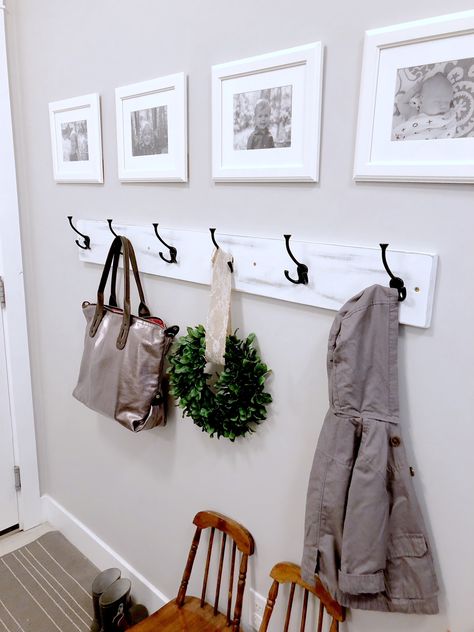 Coat Hooks Above Bench, Board With Hooks Entryway, Coat Rack For Entryway, Entry Way Coat Rack Ideas Modern, Entry Wall Hooks Entrance, Narrow Entryway Coat Hooks, Diy Wall Mount Coat Rack, Ikea Coat Rack Entryway, Entryway With Coat Hooks