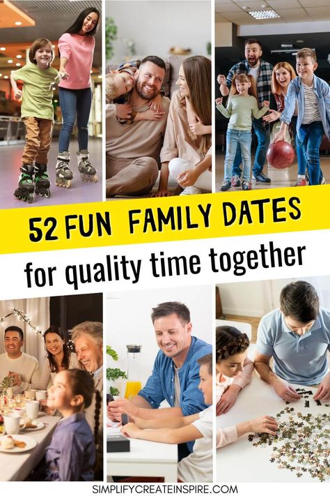 These family date night ideas will have you making special memories every single week with your nearest and dearest! That’s why starting a family date night tradition is a wonderful way to be intentional with this time spent together. We've put together 52 fun family date nights for you to try so you have one for every week of the year, or plan your family night once a month instead if it fits better into your schedule. Family date ideas. Things to do with family at night. Family Themed Nights, Monthly Family Date Ideas, Family Date Night Ideas At Home, 52 Date Night Ideas, Family Friday Night Ideas, Family Fun Night Ideas At Home, Date Night With Kids, Family Date Ideas, Family Date Night Ideas