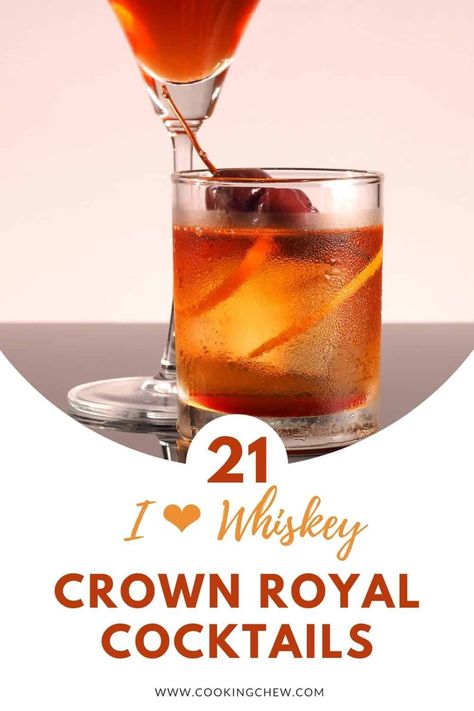 I ❤️ Whiskey: 21 Crown Royal Cocktails That’ll Knock Your Socks Off! Try one of these 21 Crown Royal Cocktails for your next night in! Crown Royal Black Drinks Recipes, Crown Royal Peach Old Fashion, Mixed Drinks With Crown Royal, Crown Royal Recipes Drinks, Crown Whiskey Drinks, Crown Royal Cocktails Recipes, Carmel Crown Royal Drinks, Cocktails With Crown Royal, Salted Caramel Crown Royal Drinks