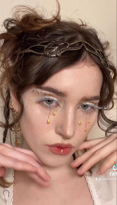 Gilded Age Makeup, Reinassance Makeup, Heavenly Bodies Makeup, Angel Makeup Gold, Renesance Makeup, Greek Inspired Makeup, Rennisance Faire Makeup, Hozier Inspired Makeup, Angelic Look Makeup