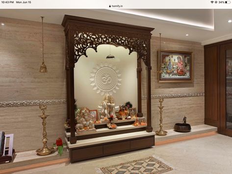 Aesthetic Mandir For Home, Mandir Pillar Design, Traditional Pooja Room Design, Wooden Mandir Design, Puja Ghar, Pooja Unit, Temple Room, Mandir Design, Temple Design For Home