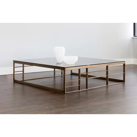 The stunning design of this oversized square or rectangular Coffee Table captures the essence of contemporary class. Features an intricate stainless steel base in a brushed antique brass finish and a rich brown tempered glass top. Oversized Square Coffee Table, Coffee Table With Casters, Oversized Coffee Table, Cape Cod Home, Wooden Beds, Modern Coastal Decor, Tufted Storage Ottoman, Living Room Redo, Large Coffee Tables