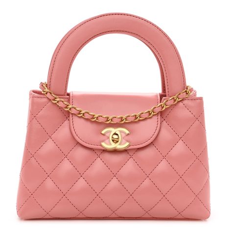 CHANEL Shiny Aged Calfskin Quilted Nano Kelly Shopper Coral Pink Chanel Kelly, Mini Shopping Bag, Prom Clutch, Brushed Gold Hardware, Chanel Box, Gold And Pink, Fancy Bags, Dr Closet, Luxury Bag