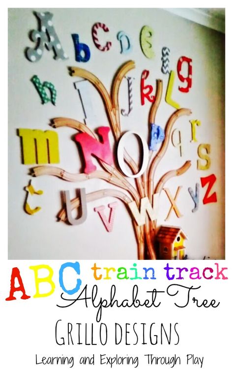 ABC wooden train track alphabet tree. Bedroom design. Grillo Designs. Kids Bedroom. Learning and Exploring Through Play. Alphabet Tree, Wooden Train Track, Sensory Bags, Chinese New Year Dragon, Bilingual Classroom, Train Truck, Sensory Boxes, Sensory Room, Creative Bedroom