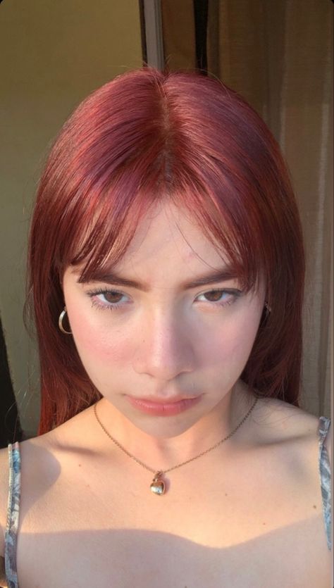 Light Cherry Red Hair Color, Dyed Hair Pale Skin, Hair Dye Ideas For Light Skin, Cool Red Hair Color Pale Skin, Short Red Hair Ideas, Cherry Red Hair Pale Skin, Pink Orange Hair Color, Light Cherry Red Hair, Red Hair With Wispy Bangs