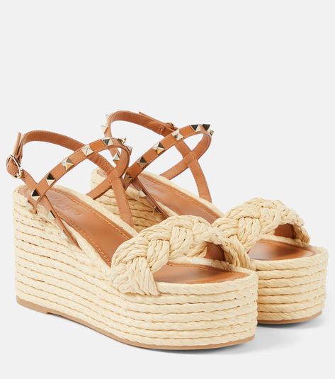 Rockstud braided leather espadrille wedges in brown - Valentino Garavani | Mytheresa Beachy Shoes, Valentino Wedges, Spring Sunglasses, Minimal Shoes, Valentino Garavani Shoes, Shoes Spring, Womens Sandals Wedges, Black Espadrilles, Leather Espadrilles