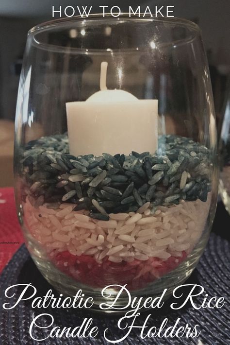 These inexpensive and easy Patriotic candle jars are made using colored rice or dyed rice.   Most everything we used we gathered around the house or bought at the Dollar store.  #PatrioticCandleJars #RedWhiteBlue #MyTurnforus #RedWhiteBlueCandleHolders #PatrioticCandle #DyedRice #ColoredRice Dye Rice, Patriotic Candles, Mashed Potato Patties, Dyed Rice, Easy Mashed Potatoes, Potato Patties, Holidays Ideas, Colored Rice, Leftover Mashed Potatoes