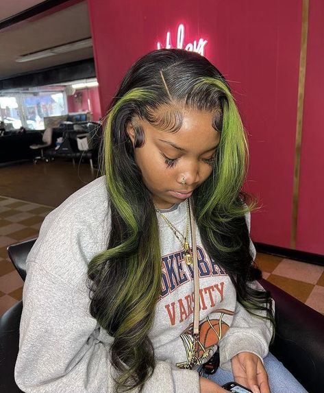 Embrace the Sun with Chic Summer Hairstyles | Effortlessly Stylish Sew In With Green Highlights, Black Wig With Green Highlights, Black And Green Lace Front Wigs, Green Wigs Black Women, Hair On Brown Skin, Side Shaved Hair, Inner Wave, Ginger Hairstyles, Wigs Ideas