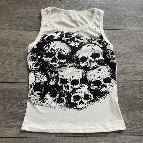 Ribbed skull tank top cropped fit Women’s... - Depop Rocker Tank Tops, Grunge Jacket, Cute Grunge, Rocker Tank, Kawaii Harajuku, Y2k Clothing, Print Tank, Printed Tank Tops, Dream Clothes