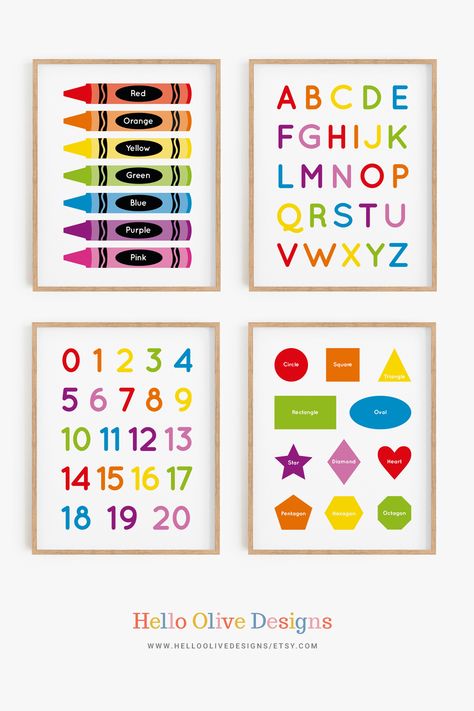 Colorful Playroom Decor, Alphabet Printables Free Wall Art, Artwork For Nursery, Playroom Artwork, Numbers Poster, Nursery Classroom, Shapes Poster, 20 Number, Playroom Prints