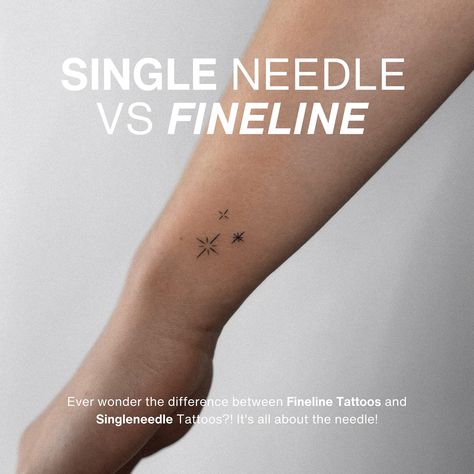 Wondering the difference between Fineline Tattoos and Single Needle Tattoos? It’s all about the needle! ✨SINGLE NEEDLES This technique uses only one needle to deposit ink into the skin, making it the most precise and thinnest “line” tattoo possible. Ideal for creating very fine lines and intricate details, it requires a specialist due to the high level of skill needed. Not all tattoo shops offer single-needle tattoos! Great for: script tattoos, tiny tattoos, realistic tattoos with delicate... Aged Fine Line Tattoo, One Needle Tattoos, Fine Needle Tattoo, Fine Lines Tattoo, Fine Line Script Tattoo, Tattoo Needle Sizes, Simple Line Tattoo, Script Tattoos, Tattoos Tiny