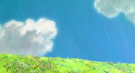 Studio Ghibli Scenery Landscape, Studio Ghibli Scenery, Ghibli Landscape, Howl Movie, Ghibli Scenes, Spring Scenes, Notion Inspo, Studio Ghibli Background, Field Wallpaper