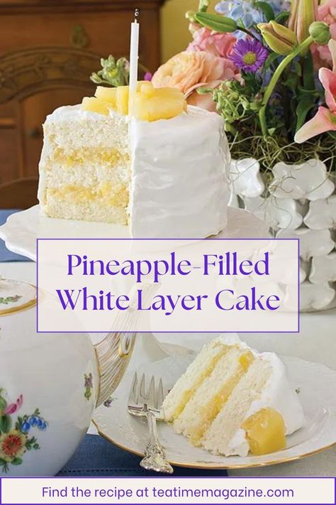 March is here, and we would love to celebrate  the start of a new month and spring around the corner with this heavenly cake filled with layers of rich pineapple filling and topped with a fluffy white frosting. What tea would you pair with this beautiful Pineapple-Filled White Layer Cake?   Find the recipe by visiting https://teatimemagazine.com/pineapple-filled-white-layer-cake-recipe/. White Cake With Pineapple, White Cake With Pineapple Filling, Pineapple Cake With Buttercream Frosting, Pineapple Filling For Cake Recipe, Cake With Pineapple Filling, Pineapple Cake Filling, Pineapple Sponge Cake, Pineapple Layer Cake, White Layer Cake Recipe