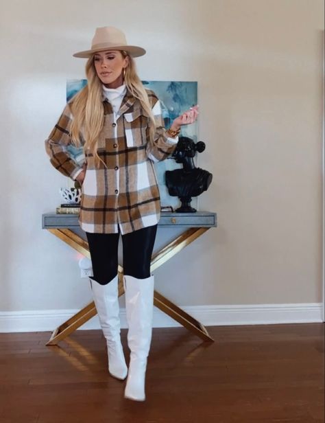 Y’all White Boots Outfit, Styling White Cowboy Boots Women, Outfits With White Jacket Winter, Thanksgiving Outfit With White Boots, Outfits With White Cowgirl Boots Winter, Off White Boots Outfit Winter, Outfits With Off White Boots, Fall Outfit White Cowboy Boots, Black Cowgirl Boot Outfit Fall