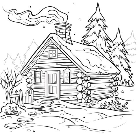 Winter countryside log cabin scene (free printable PDF black-and-white line drawing coloring page suitable for all, from beginners to advanced learners, including children, teens, adults, and seniors) Log Cabin Drawing, Winter Coloring Pages Free Printable, Winter Countryside, Winter Coloring Pages, Snowflake Silhouette, Christmas Tree With Presents, Thanksgiving Color, Barbie Coloring Pages, Barbie Coloring