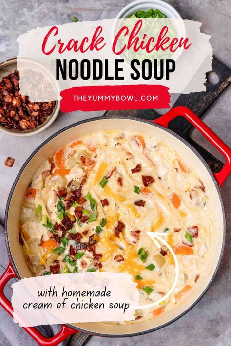 This is the best Crack Chicken Noodle Soup - it is a delicious, cozy, and hearty soup that is so simple to fix. The whole family will enjoy it and you'll want to make it again and again. This homemade soup is made with lots of fresh chunky veggies, shredded chicken, and a secret ingredient here - Cream of Chicken Soup. This comforting creamy chicken noodle soup will keep you cozy during the cold Fall evenings. Southern Living Rotisserie Chicken Noodle Soup, Best Soup Recipes Ever Chicken, Cracked Chicken Soup Recipes, Homemade Chicken Soup With Whole Chicken, Chicken Noodle Soup With A Twist, Chicken Noodle Soup Easy Recipe, Chicken Noodle Soup No Celery, Chicken Soup With Cream Of Chicken, Chicken Noodle Soup With Spaghetti Noodles