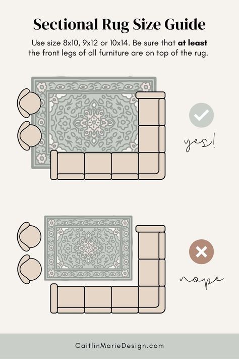 Rug Placement With Sectional, Living Room Rug Size Guide, What Size Rug For Living Room, Living Room Rug Layout, Rug Size Guide Living Room, Rug Layout, Modern Mediterranean Bedroom, Area Rug Size Guide, What Size Rug