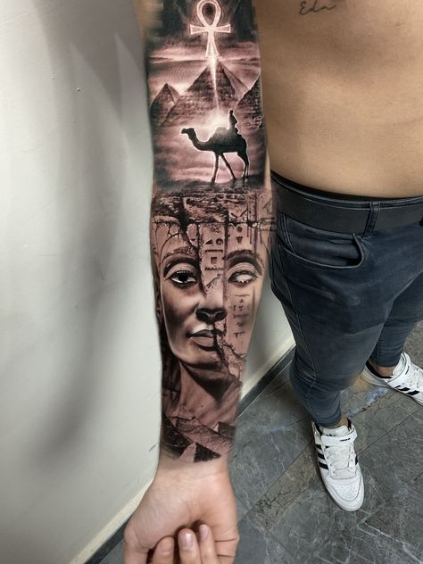 Kemet Egypt Tattoo, Egyptian God Sleeve, Black Pharaoh Tattoo, Egyptian Tattoo Upper Arm, Egyptian God Tattoo Sleeve, Egyptian God Tattoos For Men, Pyramid Tattoo Sleeve, Egyptian Neck Tattoo Men, Ancient Egypt Tattoo For Men