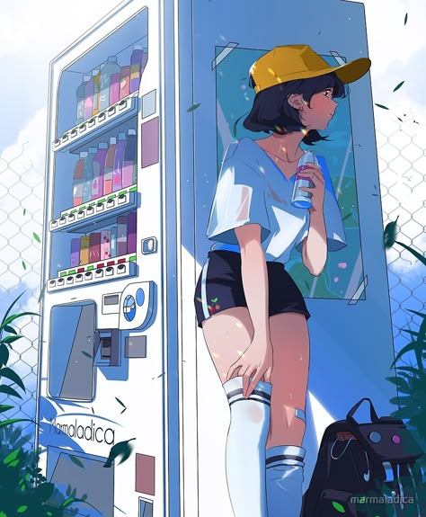 Anime Summer, Arte Do Kawaii, Japon Illustration, Vending Machine, 영감을 주는 캐릭터, Girls Cartoon Art, Anime Aesthetic, Cartoon Art Styles, Anime Scenery