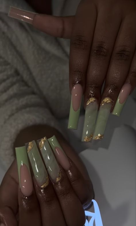 Earthy Boho Nails, Jade French Tip Nails, Boho Nails Acrylic, Earthy Sweet 16, Jade Green Acrylic Nails, Earthy Green Nails, Baddie Nails Coffin, Light Green Acrylic Nails Long, Green Nails Black Women