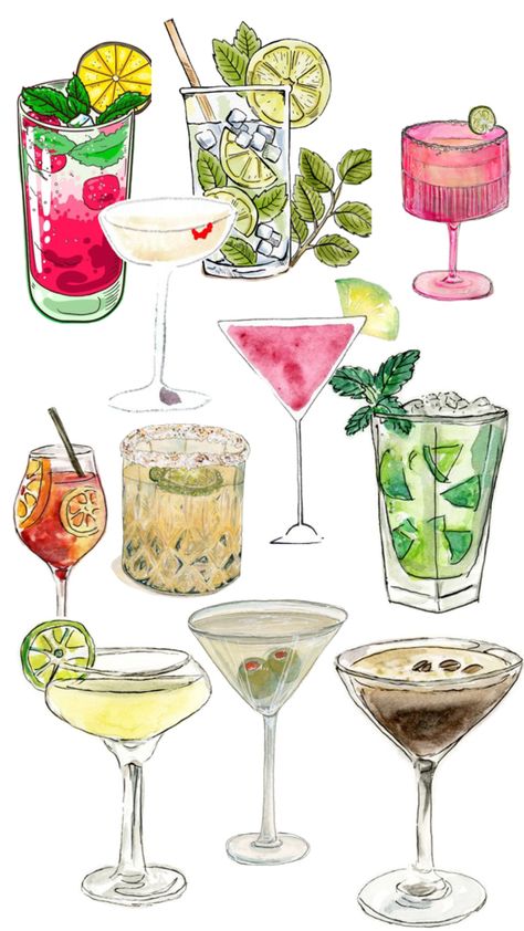 Cute cocktails, summer drinks, spring break, watercolor cocktails, what to paint, cute watercolors Cute Cocktails, 21st Birthday Shot Book, Watercolor Cocktails, Cocktails Summer, What To Paint, Being A Girl, Collage Wallpaper, Iphone Wallpaper Fall, Pottery Painting Designs