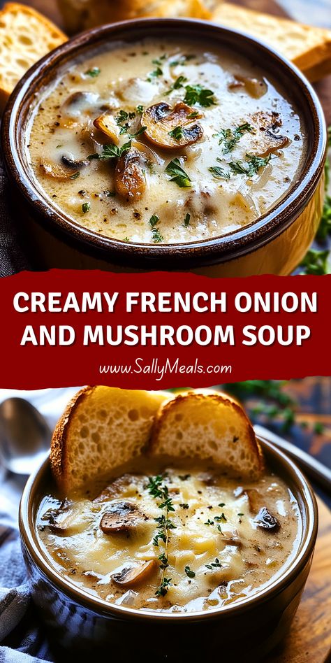 Creamy French Onion and Mushroom Soup Onion And Mushroom Soup, Crimini Mushrooms, Cremini Mushrooms, Gruyere Cheese, Daily Recipes, Bowl Of Soup, Crusty Bread, French Onion, Mushroom Soup