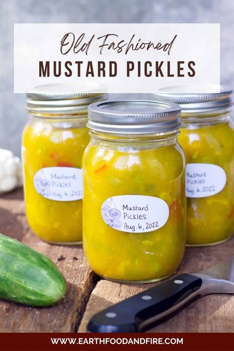 Old fashioned PEI mustard pickles are the perfect condiment to serve alongside cold meats, sausage, and poultry. A great addition to holiday meals, or used as a relish on sandwiches and burgers! #pickles #mustardpickles #preserving Sweet Mustard Pickles Recipe, Mustard Pickles Recipe, Mustard Pickle Recipe, Earth Food, Homemade Mustard, Pickles Recipe, Mustard Recipe, Mustard Pickles, Granola Recipe Bars