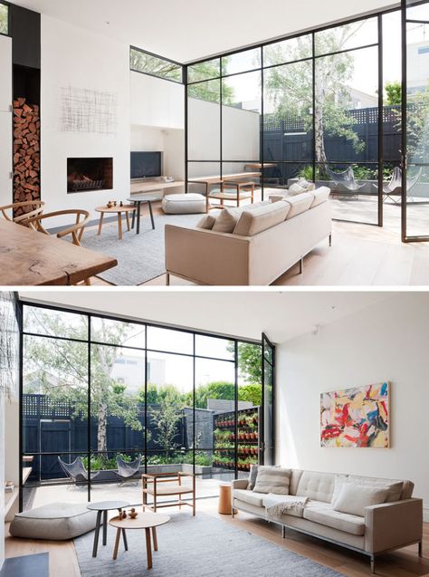 This Australian Victorian Cottage Was Updated With A Contemporary Interior And Courtyard | CONTEMPORIST Black Framed Windows, Room With Natural Light, Framed Windows, Victorian Cottage, Interior Windows, Glass Walls, Trendy Living Rooms, The Courtyard, Living Room Diy