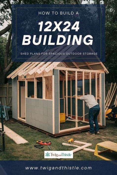 Conquer clutter and maximize your storage space with a 12x24 building! This guide from Twigandthistle.com provides downloadable 12x24 building plans to create a spacious and functional shed. Explore options for constructing a 12x24 storage building out of wood or metal to suit your needs. Learn the benefits of a portable building 12x24 for ultimate flexibility. Visit Twigandthistle.com and say goodbye to storage woes with a DIY 12x24 building project! 20 X 20 Garage Plans, Backyard Workshop Buildings, Large Shed Plans, 20x20 Shed Plans, Workshop Shed Design, Inside Shed Ideas, 12x24 Shed Plans, 10x20 Shed Plans, Diy Outdoor Shed