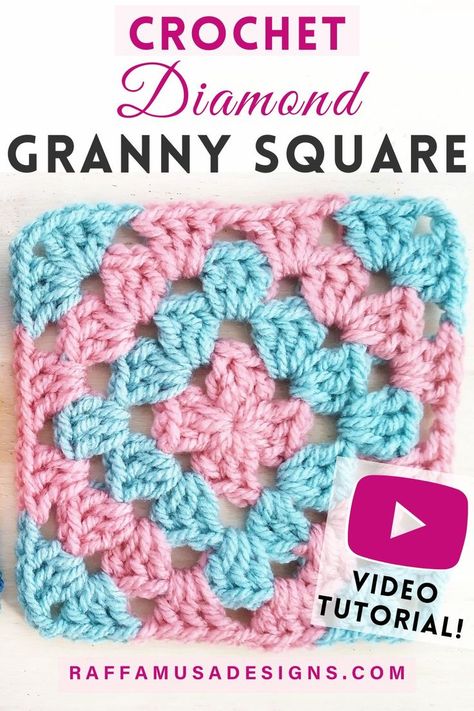 a crocheted granny square made following the diamond granny square pattern Granny Square Diamond Free Pattern, Diamond Shaped Granny Square, Granny Square Crochet Pattern Annie's Craft Store, 9 Inch Granny Square Free Pattern, Grandma Crochet Granny Squares, Jasmine Stitch Granny Square, 3 Color Granny Square Crochet Pattern, Solid Rectangle Granny Square Pattern, Different Crochet Squares