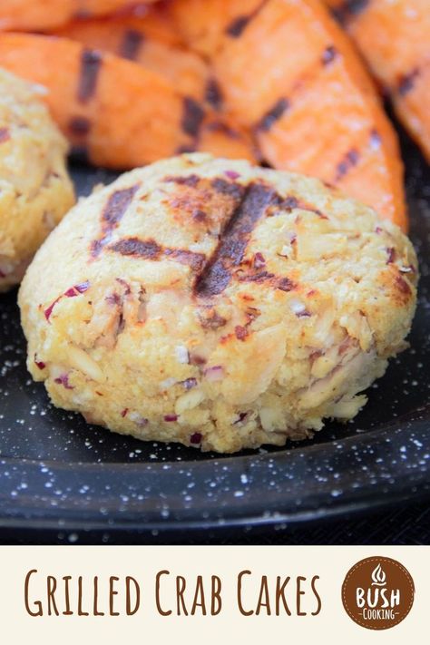 Close up of a crab cake with grill marks served on a black camp plate with a side of sweet potato wedges. Grilled Crab Cakes, Grilled Crab, Crab Cake Recipe, Crab Rangoon, Outdoor Food, Cooking On The Grill, Fresh Ingredients, Crab Cakes, Grilling Recipes