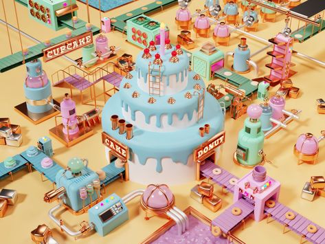 Cake Factory Candy Factory Illustration, Factory Illustration, Ice Cream Factory, Cake 3d, Cake Machine, Factory Interior, Candy Factory, Cake Factory, 3d Cake