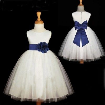 Royal Blue Wedding Theme, Flower Girl Dresses Navy, White Flower Girl Dress, Flower Girl Dresses Blue, Long Flower Girl Dresses, Handmade Wedding Dresses, Bow Sash, Bridesmaid Gowns, Royal Blue Wedding