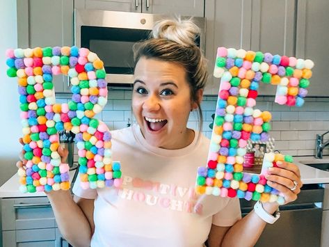 Montana Riley on Instagram: “Covering these wooden letters in pom poms was such a fun little project I did this summer! 🤍🌈 I got the wooden letters from…” Diy Trolls Birthday Party, Botanical Party, Pom Pom Letters, Pom Wreath, Letter Diy, Plastic Lace, Trolls Birthday Party, Pom Pom Wreath, Activities For Boys