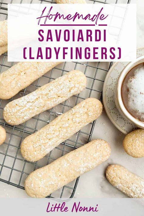 Homemade Lady Fingers For Tiramisu, Lady Fingers Recipe Tiramisu, Soft Lady Fingers Recipe, Italian Theme Desserts, Finger Cookies Recipe, Bread Cubes For Stuffing, Italian Cookies Authentic, Savoiardi Cookies, Savoiardi Recipe