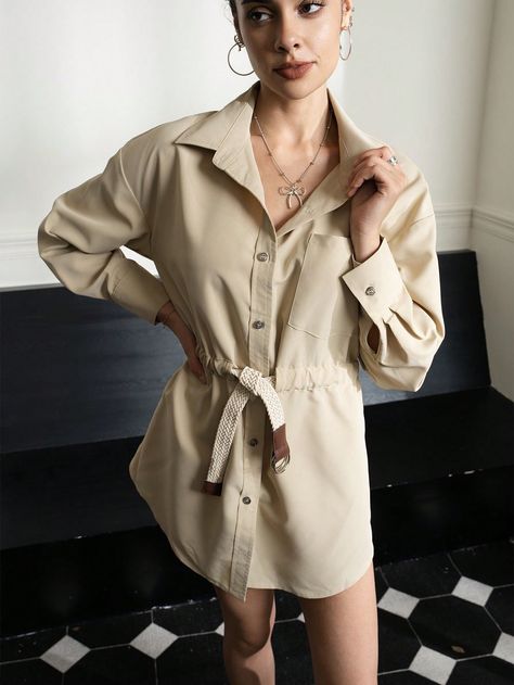 Women's Long Sleeve Cinched Waist Button-Up Mini Dress, Trendy Khaki Casual  Long Sleeve Woven Fabric Plain Shirt Non-Stretch  Women Clothing, size features are:Bust: ,Length: ,Sleeve Length: Dress Beige, Mini Robes, Future Fashion, Plain Shirts, Shoulder Shirts, Inspiration Mode, Na Kd, Eos, All Fashion