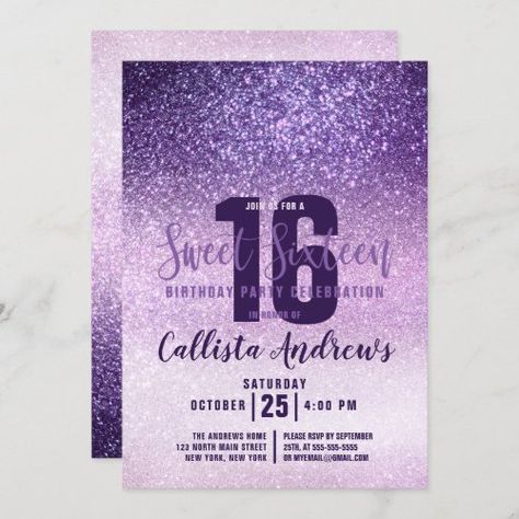 Violet Lilac Purple Triple Glitter Ombre Sweet 16 for $2.95 - Birthday Invitations 16th Birthday Invitations, Animated Invitations, Sweet 16 Birthday Party, Sweet Sixteen Birthday, Sweet 16 Invitations, Birthday Party Celebration, Quinceanera Invitations, Sweet 16 Parties, 16th Birthday Party