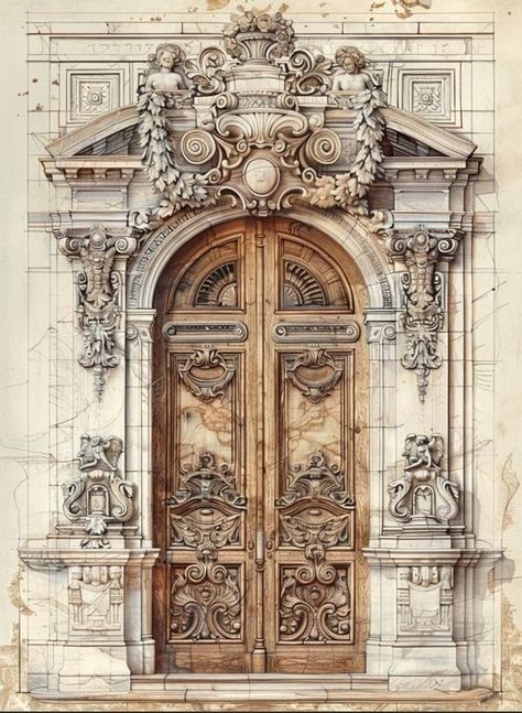 Detailing Architecture, French Gothic Architecture, Classic Facade, Architecture Blueprints, Architecture Classic, Large Door, Neoclassical Architecture, Interior Design Presentation, Watercolor Architecture