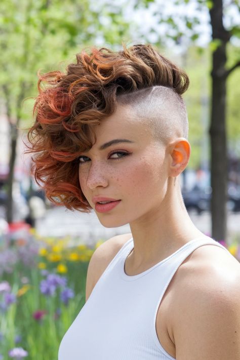 Embrace your texture with this stunning curly hairstyle featuring an undercut that accentuates the natural bounce of your curls. Perfect for medium to short lengths, this edgy look offers a cute balance between boldness and beauty, making it an ideal choice for summer outings or a stylish school day. Get ready to turn heads with your fierce and fun curls! #curlyhairstyles Undercut Perm, Hairstyles With Undercut, Edgy Curly Hairstyles, Clio Muse, Side Shave, Curly Undercut, Shaved Side, Shaved Side Hairstyles, Undercut Women