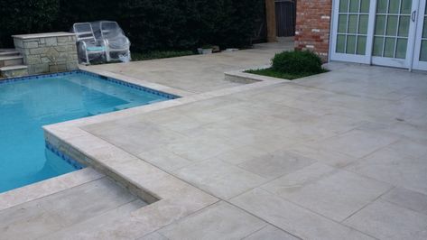 Pool Deck and Patio by LimeCoat DFW Pavers Over Concrete, Aggregate Patio, House Backyard Ideas, Travertine Deck, Small Inground Pool, Pool Pavers, Patio Remodel, Concrete Patio Designs, Concrete Overlay