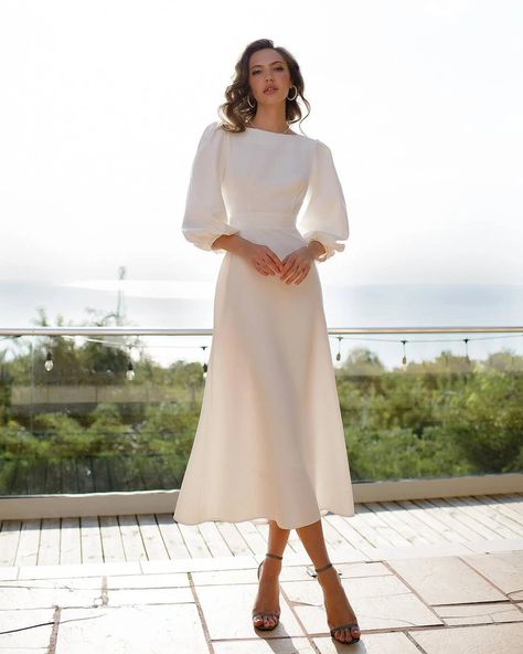 Beautiful Wedding White Dress With Puff Short Sleeves and Open Back.backless White Midi Dress. A-line Wedding Guest Dress - Etsy Wedding White Dress, Long Sleeve Bridal Gown, Modest Prom, Dress Graduation, Dresses Simple, Sketches Dresses, Wedding White, Engagement Dresses, White Midi