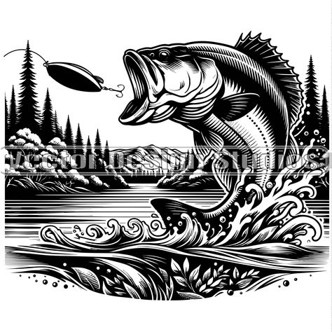 Bass Fishing Svg, Lake Illustration, Jumping Fish, Bear Sketch, Simple Tattoos For Guys, Fish Clipart, Bass Fish, Clipart Silhouette, Fishing Svg