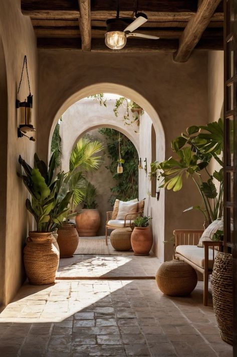 A cozy Mediterranean-style interior featuring arched doorways, rustic wooden ceilings, and natural decor like potted plants and woven rugs for a warm, inviting atmosphere. Arched Doorways, Mediterranean Aesthetic, House Concept, Arch Doorway, Natural Decor, Decor Elements, Wooden Ceilings, Home Aesthetic, Cozy Interior