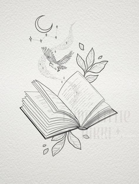 Tiny Book Tattoo Ideas, Meaningful Book Tattoos, Bookish Wrist Tattoo, Moon And Book Tattoo, Rose And Book Tattoo, Tattoo Open Book, Book Related Drawings, Flying Books Drawing, Reading Inspired Tattoos