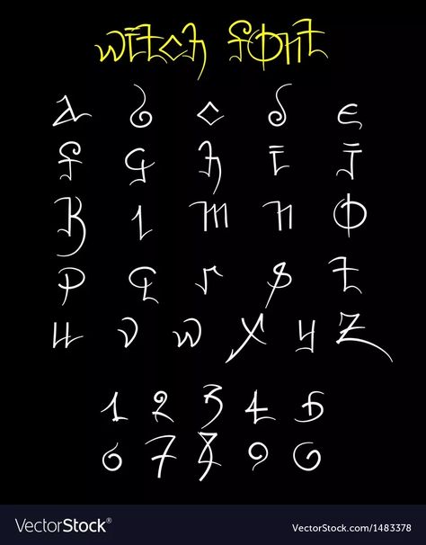 Witch font and numbers vector image on VectorStock Calligraphy Alfabet, Witch Font Alphabet, Halloween Calligraphy Hand Lettering, Magical Fonts, Magic Alphabet, Elvish Font, Witch Font, Witches Alphabet, Magic Font