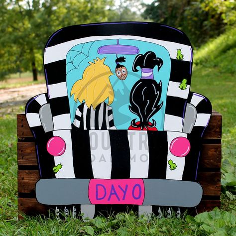 Beetlejuice Truck Sign Wall Door Hanger Plaque Hand Painted Wooden Door Hanger - Etsy UK Black And White Halloween, Wooden Truck, Wooden Door Hanger, White Truck, Truck Signs, White Halloween, Country Signs, Handcrafted Decor, Wooden Door Hangers